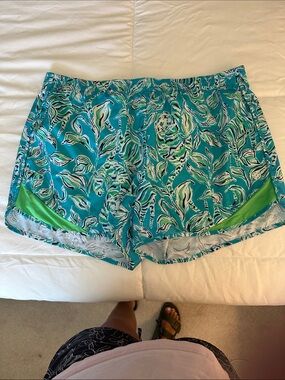Lilly Pulitzer Teal Floral Athletic Shorts with Lime Panels